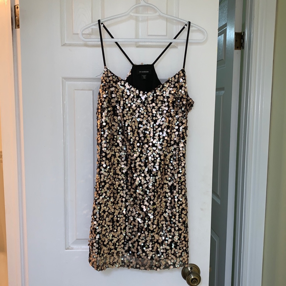 Black, gold, silver & copper sequin dress
